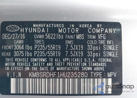 2017 Hyundai Santa Fe Limited Ultimate из США, поврежденный, VIN KM8SRDHF1HU235280